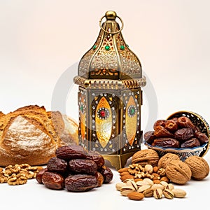 Decorative lantern surrounded by dates, nuts, and bread