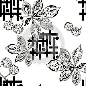 Decorative leaves on white background. Seamless pattern.