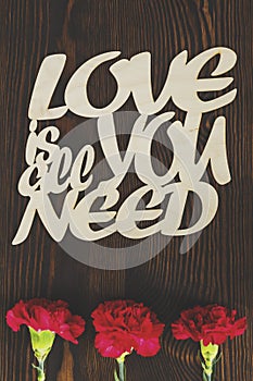 Decorative letters and red carnations