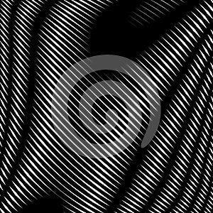 Decorative lined hypnotic contrast background. Optical illusion, creative black and white graphic moire backdrop.