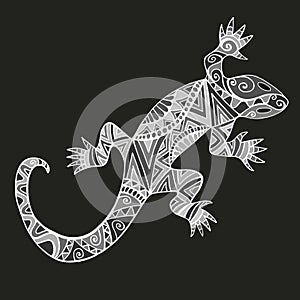 Decorative Lizard with abstract patterns, in black white gray color, isolated on black background.