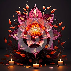 Decorative Lotus flower on black background around three burning candles. Diwali, the dipawali Indian festival of light