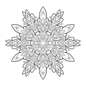 Decorative mandala with floral patterns, leaves and round shapes on a white isolated background.