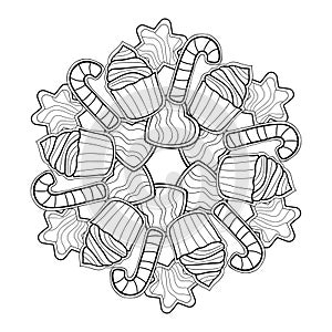 Decorative mandala on white isolated background for coloring book pages. Cookies, lollipop, star, muffin and heart.