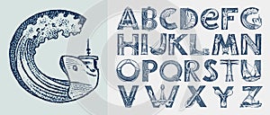 Decorative marine alphabet in ancient style. Waves and the sea in letters. Old Font for labels. Vintage typeface