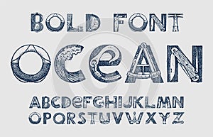 Decorative marine alphabet in ancient style. Waves and the sea in letters. Old Font for labels. Vintage typeface