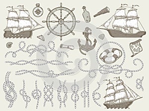 Decorative marine elements. Sea rope frames, sailing boat or nautic ship steering wheel and nautical ropes corners
