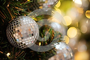 Decorative with mirror ball or Christmas ball for merry Christmas and happy new years festival with bokeh background.