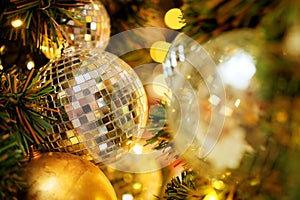 Decorative with mirror ball or Christmas ball for merry Christmas and happy new years festival with bokeh background.