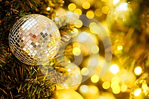 Decorative with mirror ball or Christmas ball for merry Christmas and happy new years festival with bokeh background.