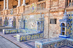 Decorative mosaic benches in the Plaza de Espana in Seville, Spain
