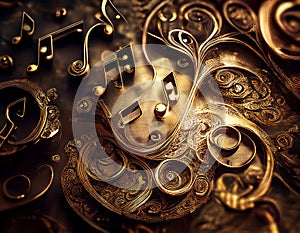 Decorative Music Notes. Computer generated background. Music notes mingle with the swirls photo