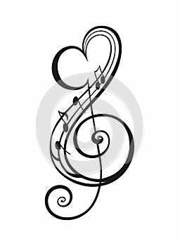 Decorative musical symbol note with heart  background icon.Tattoo music symbol.Tribal vector design.