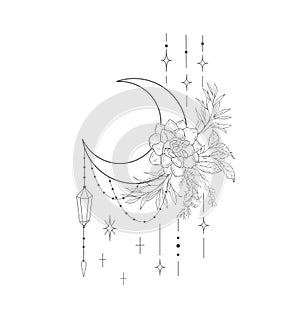 Decorative mystery floral design with Moon and Dahlia. Tattoo or t-shirt print.