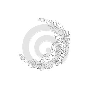 Decorative mystery floral design with Moon. Tattoo or t-shirt print.