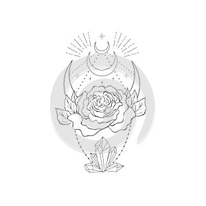 Decorative mystery floral design with Moon. Tattoo or t-shirt print.