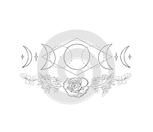 Decorative mystery floral design with Moon. Tattoo or t-shirt print.
