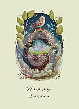 Decorative nature enchanted easter illustration. Birds and eggs in a egg shaped