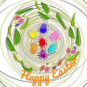 Decorative nest made of branches, leaves and flowers. Painted multi-colored decorative eggs lie in nest, text Happy Easter. Vector