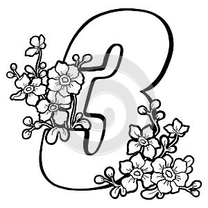 Decorative number 3 for coloring. Coloring book page, element of creativity. Figure with flowers