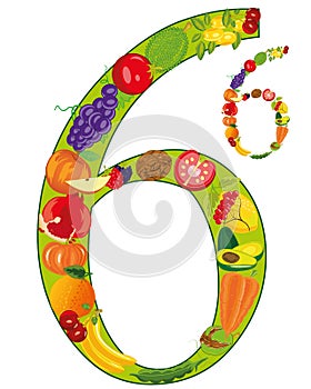 Decorative numeral six built from fruit and vegetables