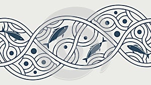 Decorative Ocean Wave Pattern with Stylized Fish, vector design Generative AI