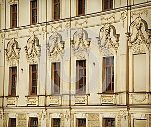 Decorative old house facade with ornamental windows in Moscow