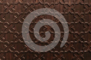 Decorative old wooden carved wall panelling, ceiling. Hand drawn ornamental blue Moroccan star shaped pattern. Ramadan