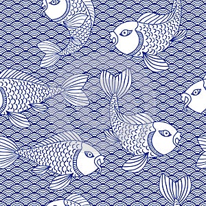 Decorative oriental seamless pattern. Traditional japanese ornament with wave and catfish. Nautical background.