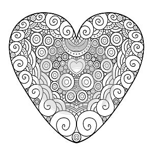 Decorative ornamental heart. Vector illustration for Valentine day greeting card. Coloring book page for adult and children.