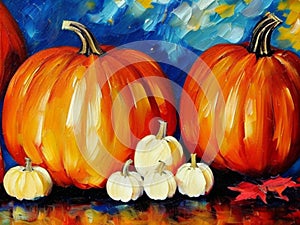 Decorative ornamental orange pumpkins. Halloween, Allhalloween, All Saints' Eve. Bright vegetable background - still life