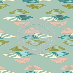 Decorative ornamental seamless spring pattern. Outline leaves in green, blue and pink colors