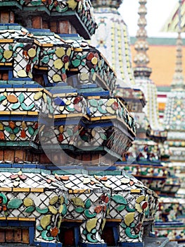 Decorative ornaments on stupa and wall of historic WAT PHO temple, BANGKOK