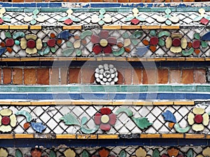 Decorative ornaments on stupa and wall of historic WAT PHO temple, BANGKOK