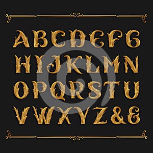 Decorative ornate alphabet vector font. Golden leaf letters.