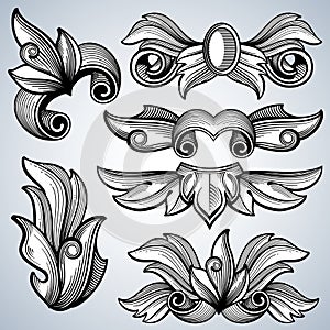 Decorative ornate engraving scroll ornament, leaves of baroque victorian frame border vector set