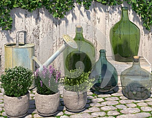 Decorative outdoor composition in the Provence style. Villatic stuff on the paving stone near the fence. 3D rendering