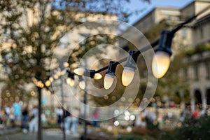 Decorative Outdoor Street electric garland. Old light bulbs. Lamp hang in the yard. Terrace concept. String wired bulbs