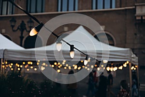 Decorative Outdoor Street electric garland. Old light bulbs. Lamp hang in the yard. Terrace concept. String wired bulbs