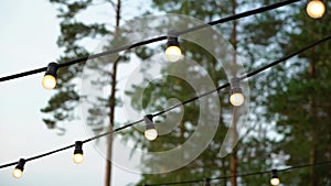 Decorative outdoor string lights hanging in the garden at night or evening time