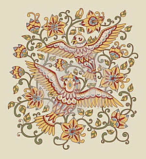 Decorative outline birds in flowers color 2