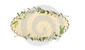 Decorative oval wooden slab with daisy flowers and eucalyptus green leaves