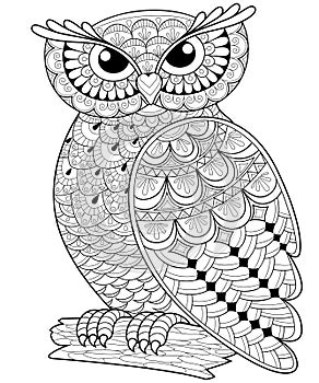 Decorative owl. Adult antistress coloring page photo