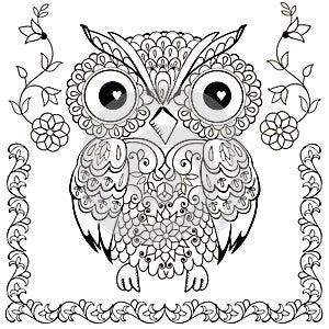 Decorative owl with floral ornaments. Adult anti-stress coloring page.