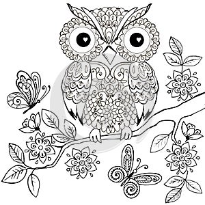 Decorative owl on a flowering branch coloring book for adults. Hand drawn Decorative owl for the anti stress coloring page.