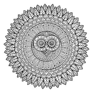 Decorative owl in mandala circle. Adult, kids antistress coloring page. Black and white hand drawn Indian illustration