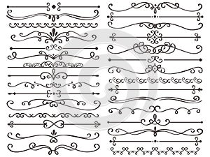 Decorative page divider. Vintage decor lines, luxury wedding frame line and ornate swirl dividers isolated vector set