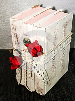 decorative, painted books, roses, lace, white beads..ART