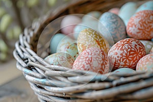 Decorative painted Easter eggs in a woven basket, perfect for Easter celebration themes, spring holiday decorations, and