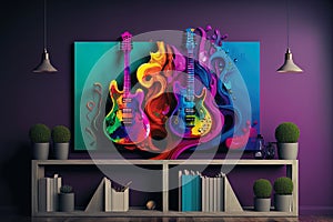 Decorative painted frame with musical instruments above the shelf with books. Music day concept